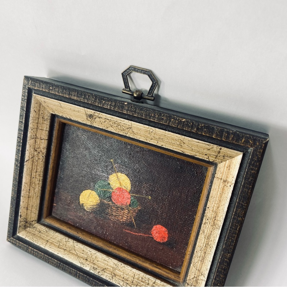 Miniature Vintage Still Life Oil Painting Board Basket Knitting Yarn and Needles - Picture 7 of 13